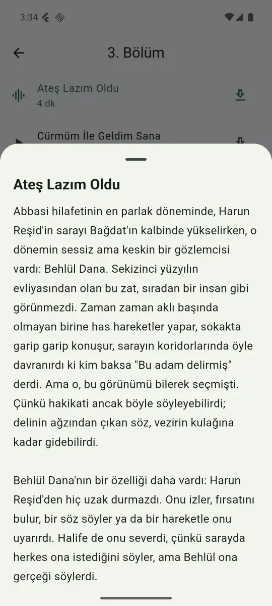 Kıssalar bölümünde “Ateş Lazım Oldu” başlıklı bir kıssanın okuma ekranı